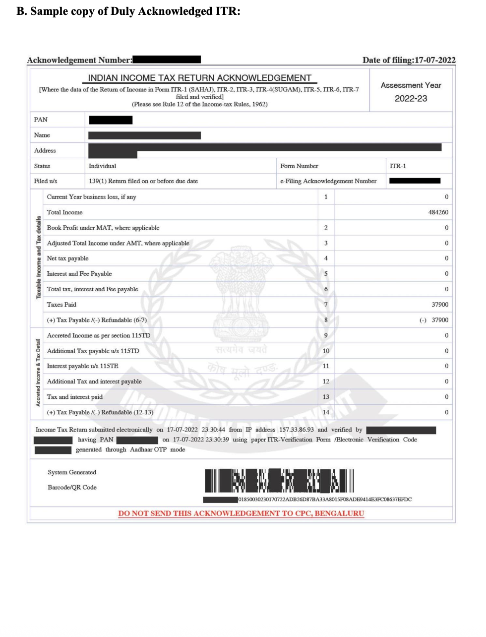 Sample Complete ITR Form Page 1